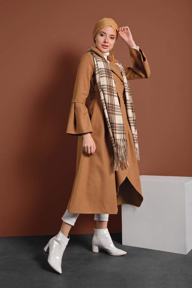 Tesettür giyim  ASİMETRİK KESİM GENİŞ KOL KABAN 7705 - TRENDTESETTÜR