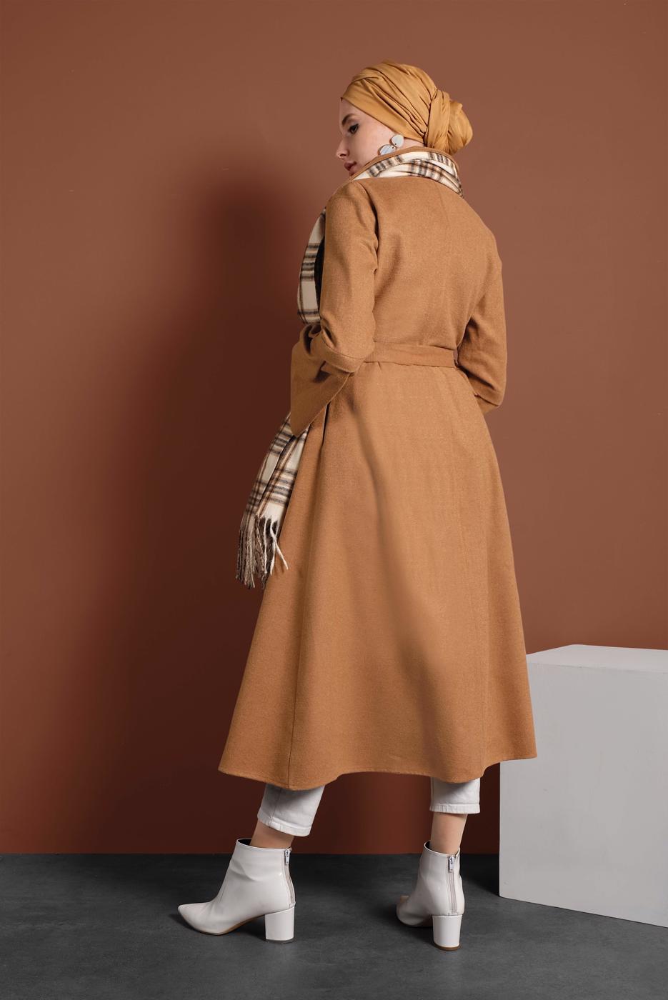 Tesettür giyim TABA ASİMETRİK KESİM GENİŞ KOL KABAN 7705