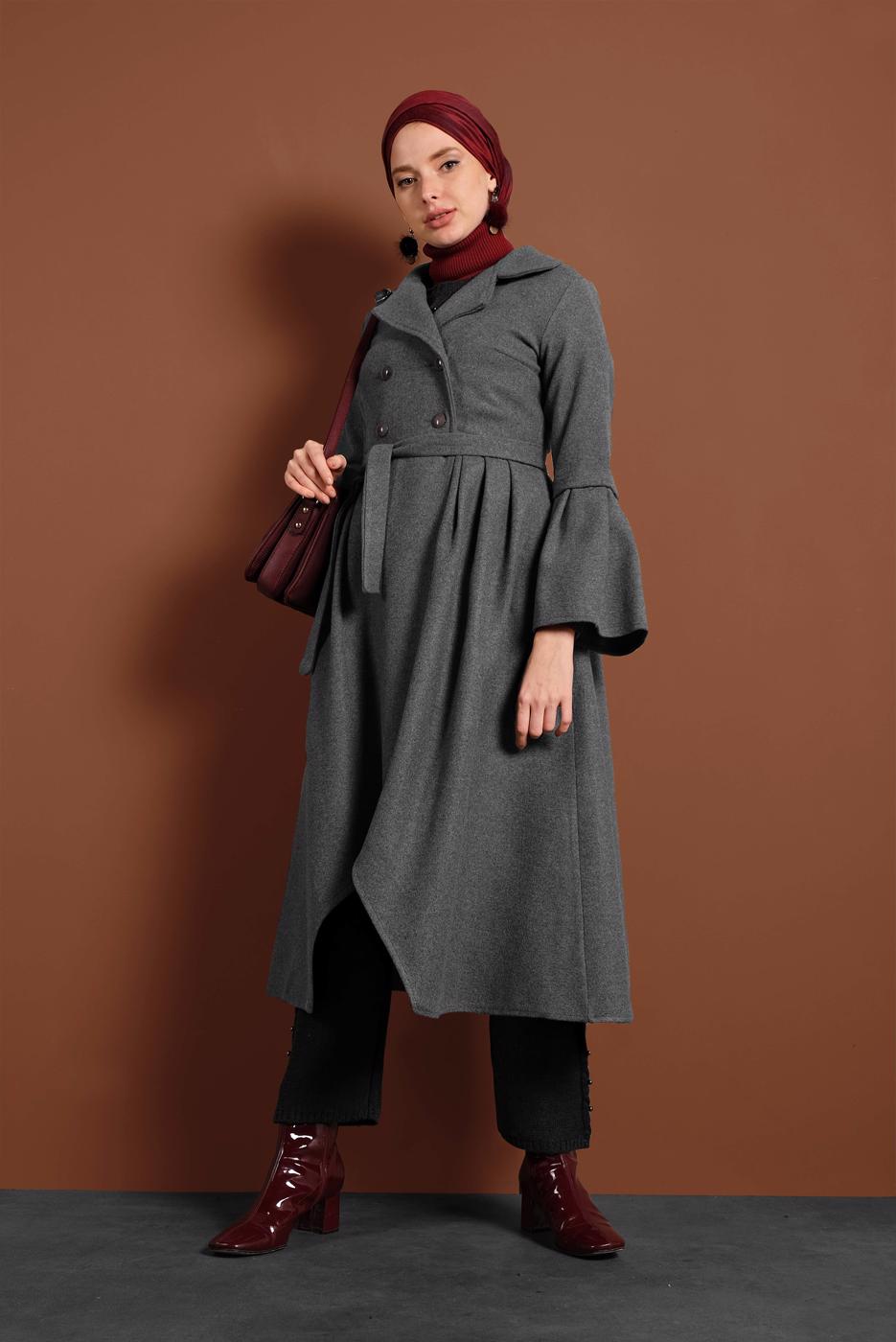 Vêtements hijab GRIS MANTEAU À ASYMÉTRIQUE AVEC MANCHES À LARGE 7705 
