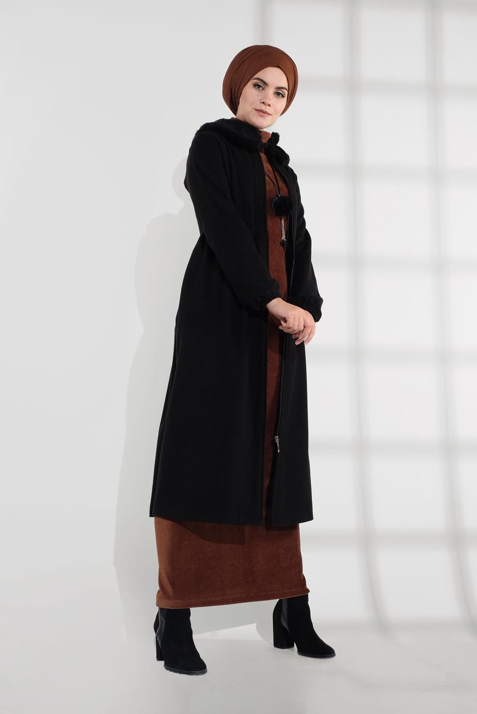 Tesettür giyim SİYAH FERMUARLI KAŞE KABAN 8305