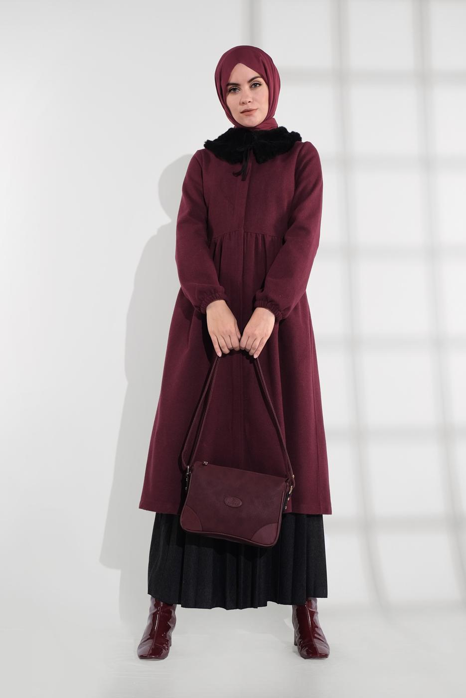 Vêtements hijab ROUGE BORDEAUX MANTEAU À ZIP CACHÉ 8305