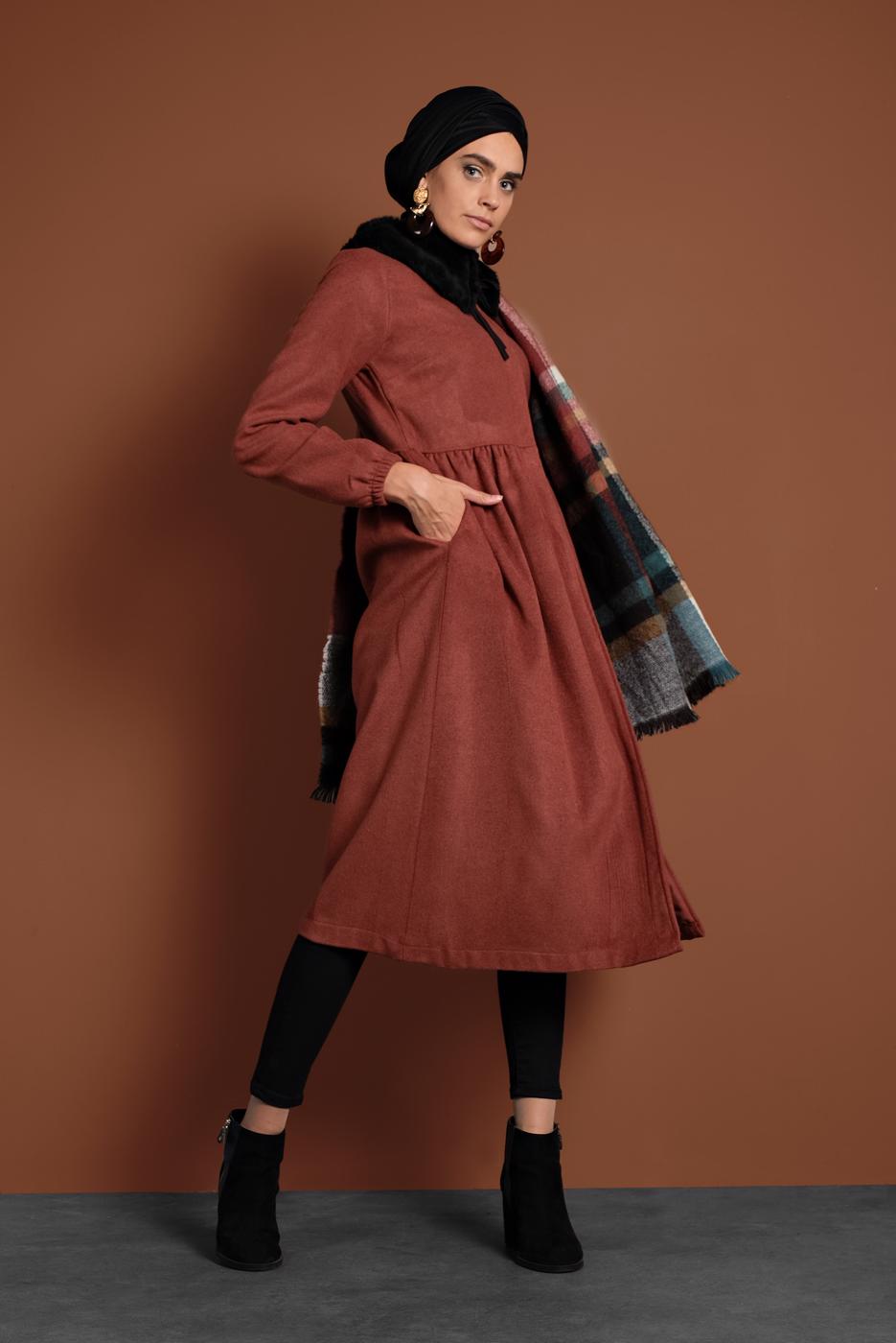 Tesettür giyim KAHVE FERMUARLI KAŞE KABAN 8305