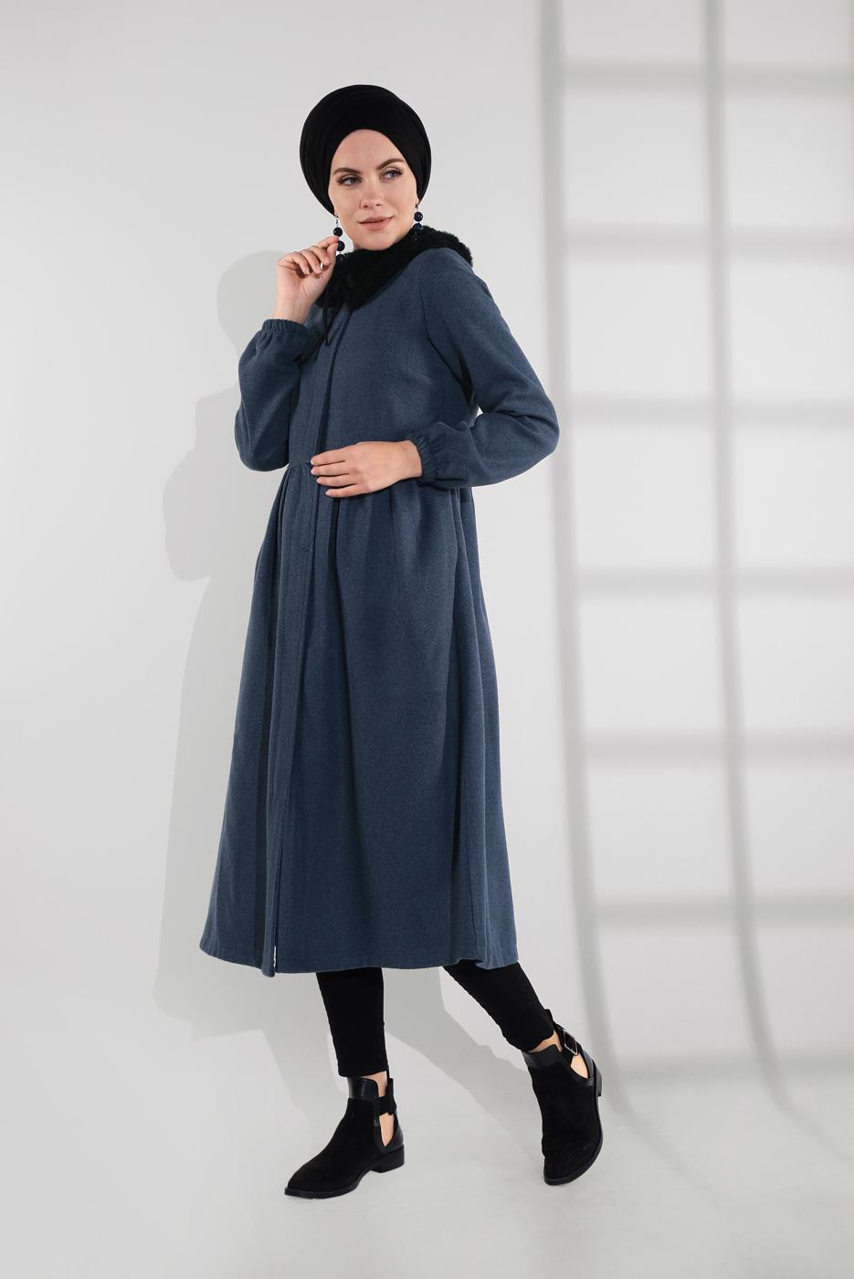 Vêtements hijab BLEU MANTEAU À ZIP CACHÉ 8305
