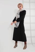 Tesettür giyim SİYAH BELDEN BAĞLAMALI MANŞETLERİ LASTİKLİ KAŞE KABAN 9045 