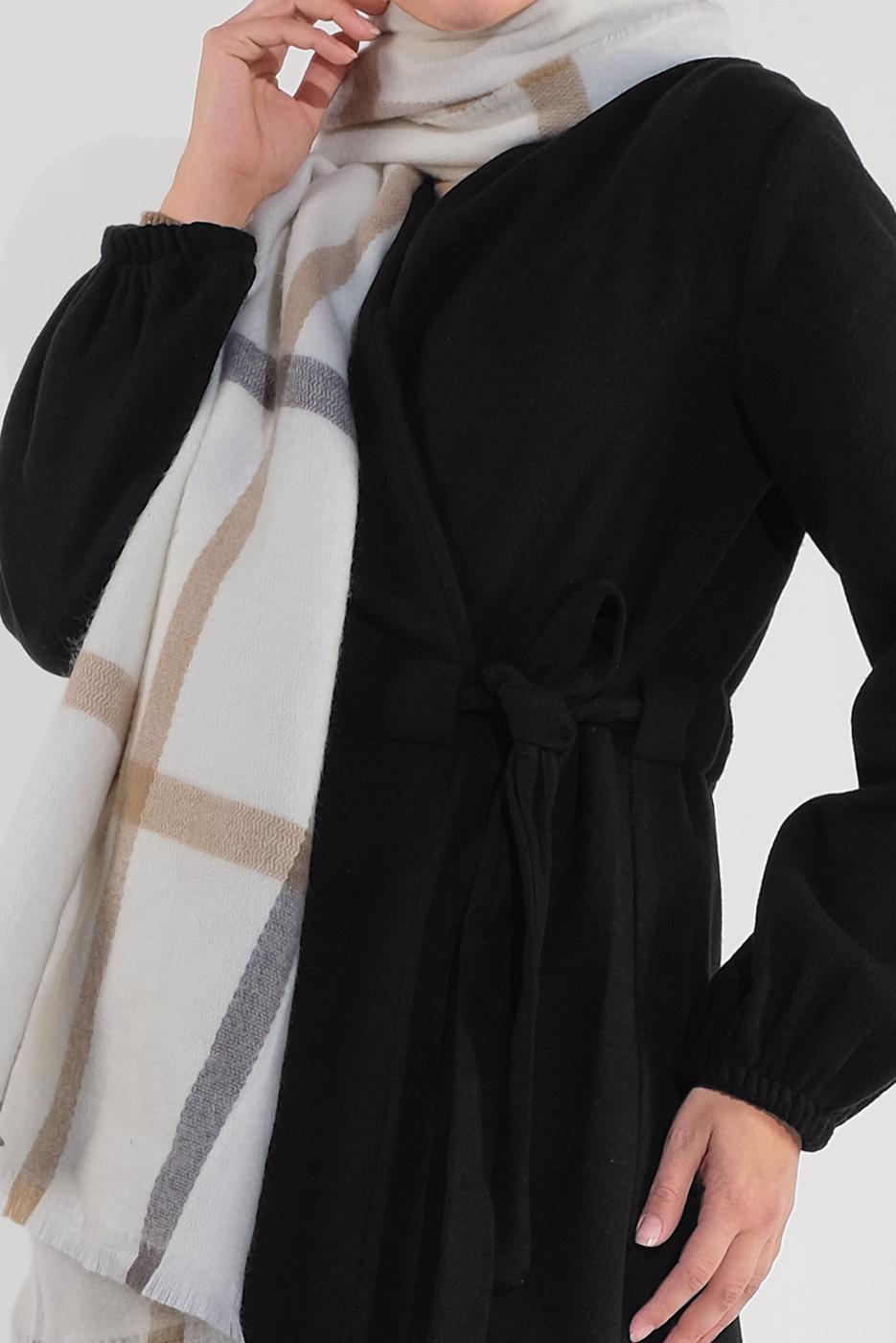 Tesettür giyim SİYAH BELDEN BAĞLAMALI MANŞETLERİ LASTİKLİ KAŞE KABAN 9045 