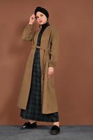 Tesettür giyim TURUNCU BELDEN BAĞLAMALI MANŞETLERİ LASTİKLİ KAŞE KABAN 9045 