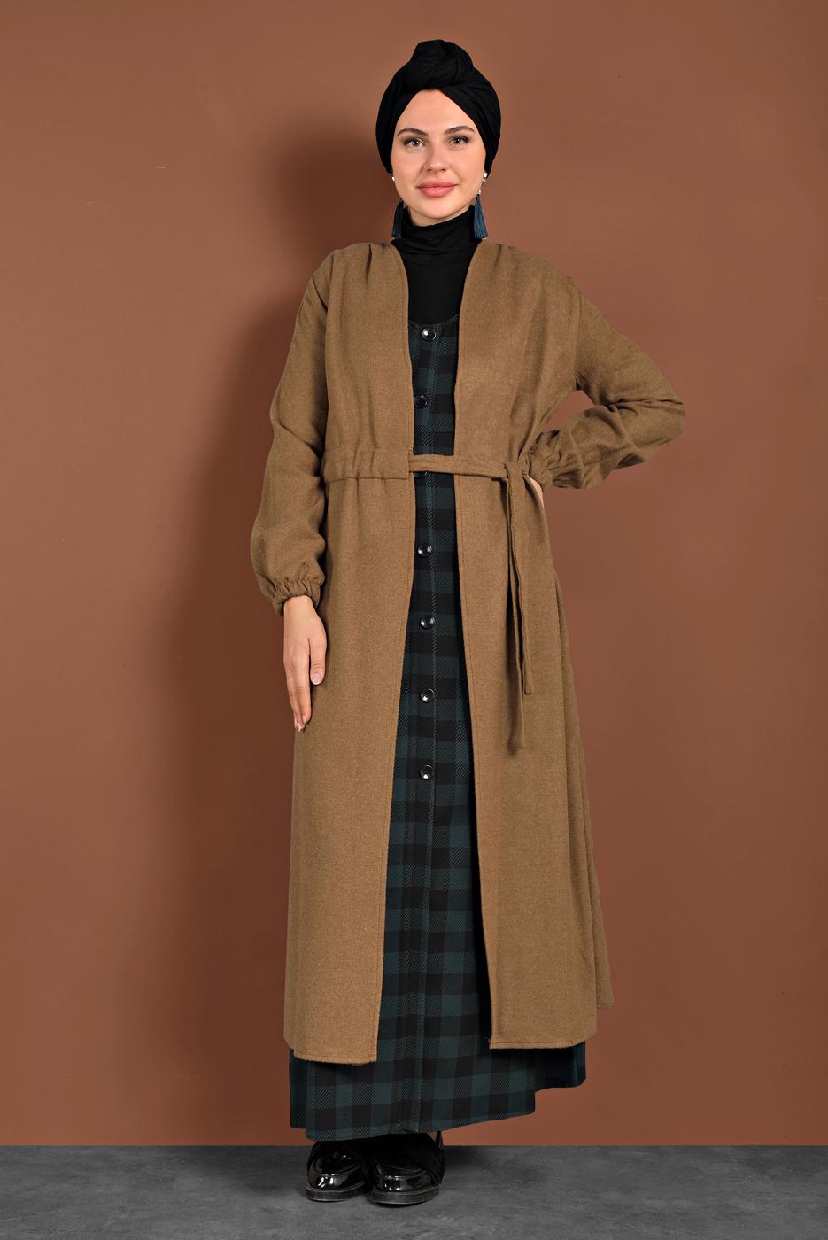 Tesettür giyim TURUNCU BELDEN BAĞLAMALI MANŞETLERİ LASTİKLİ KAŞE KABAN 9045 