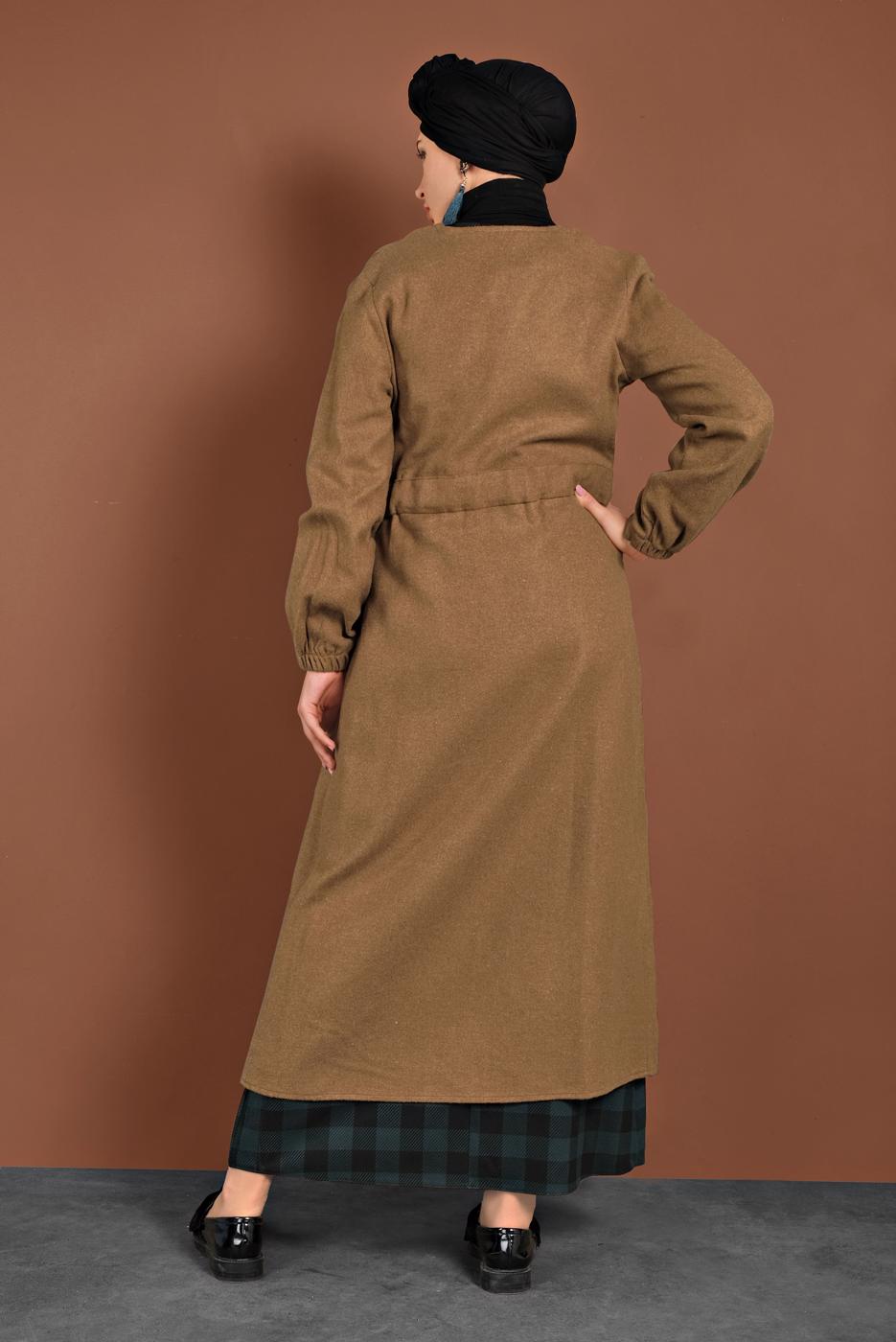 Tesettür giyim TURUNCU BELDEN BAĞLAMALI MANŞETLERİ LASTİKLİ KAŞE KABAN 9045 