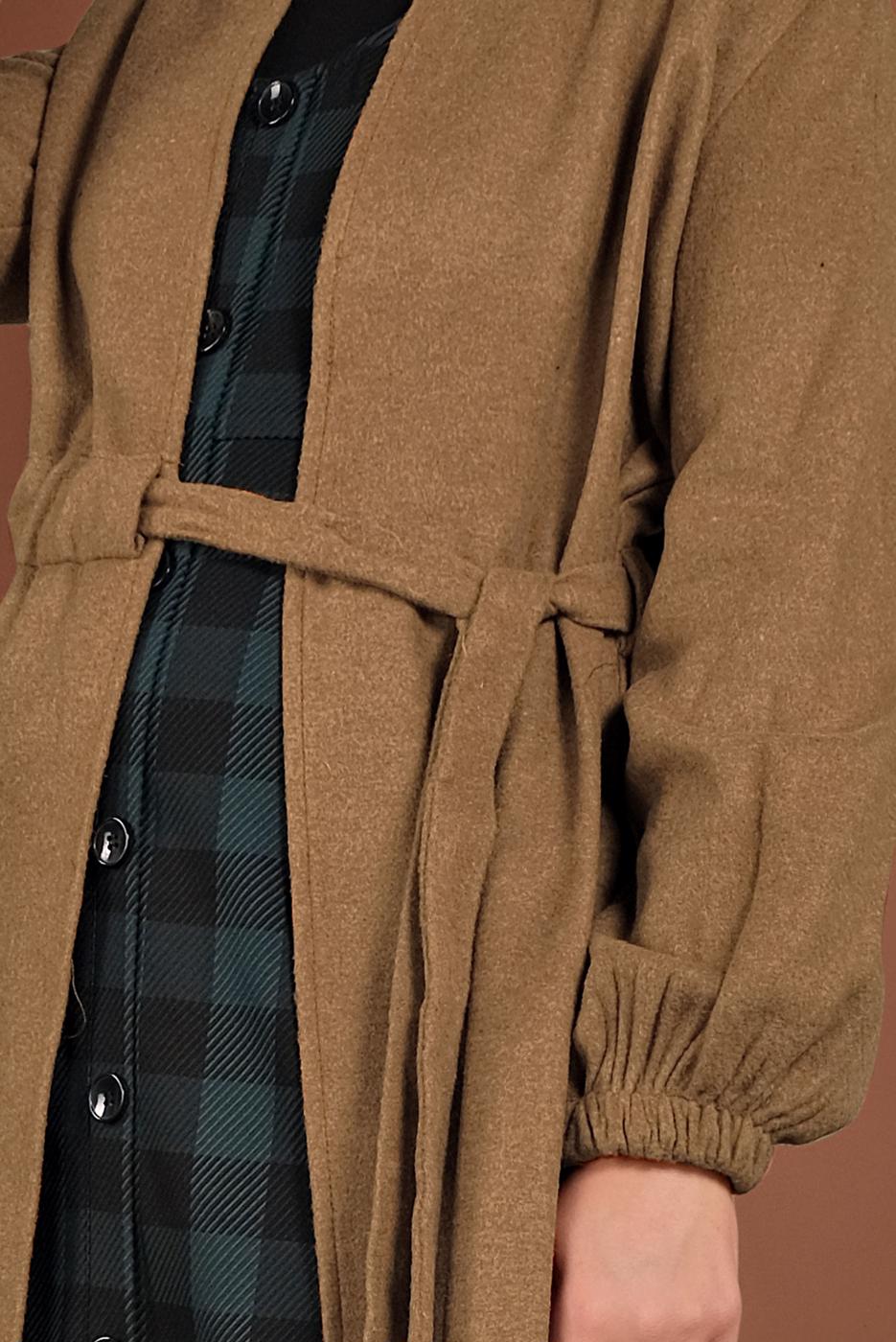 Tesettür giyim TURUNCU BELDEN BAĞLAMALI MANŞETLERİ LASTİKLİ KAŞE KABAN 9045 