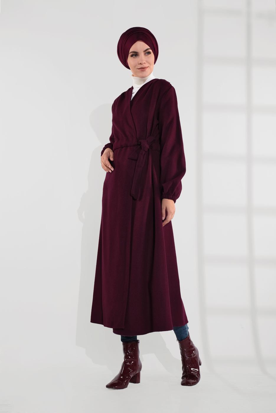Tesettür giyim BORDO BELDEN BAĞLAMALI MANŞETLERİ LASTİKLİ KAŞE KABAN 9045 