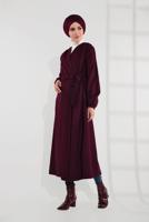Tesettür giyim BORDO BELDEN BAĞLAMALI MANŞETLERİ LASTİKLİ KAŞE KABAN 9045 