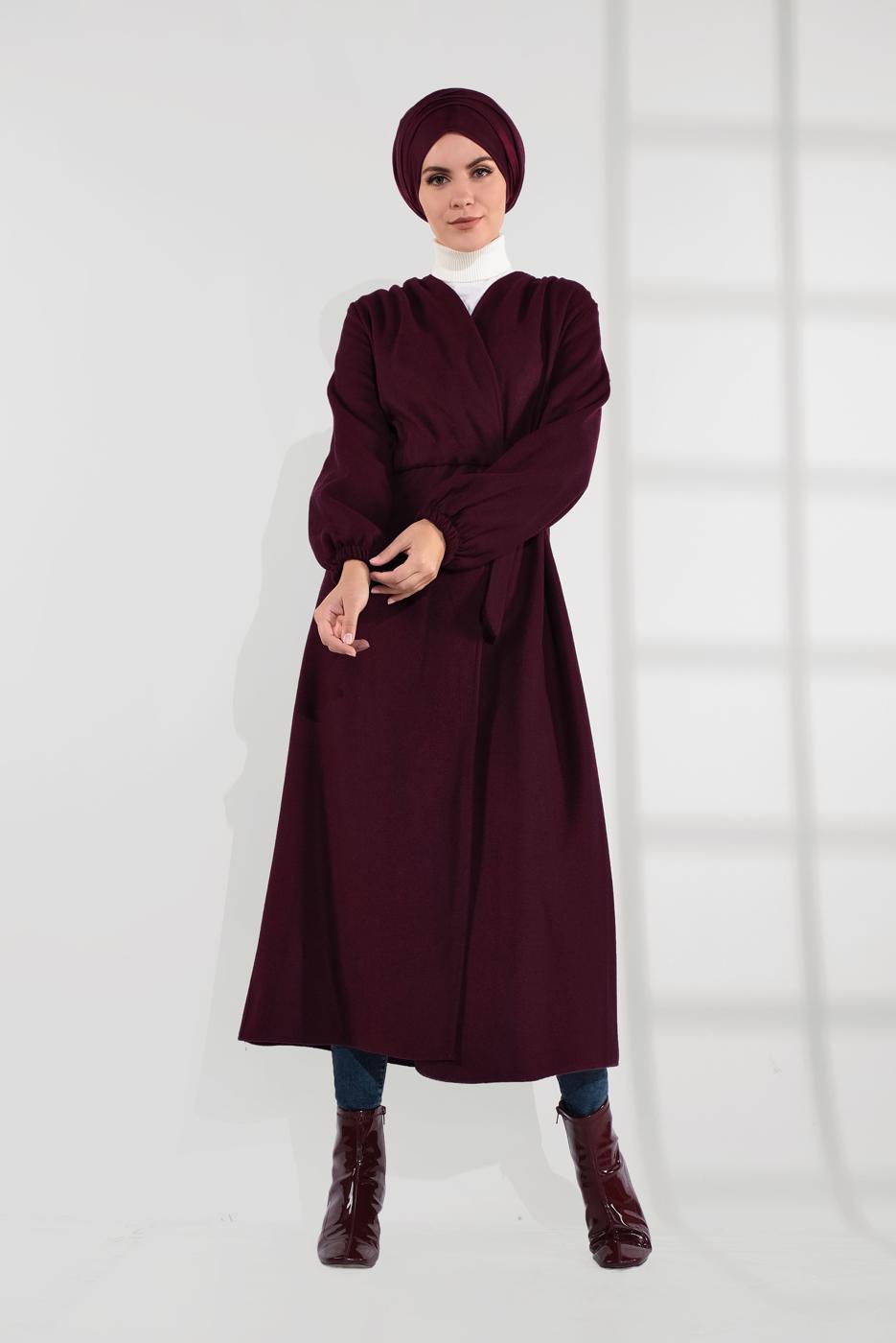 Tesettür giyim BORDO BELDEN BAĞLAMALI MANŞETLERİ LASTİKLİ KAŞE KABAN 9045 