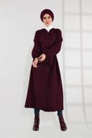 Tesettür giyim BORDO BELDEN BAĞLAMALI MANŞETLERİ LASTİKLİ KAŞE KABAN 9045 