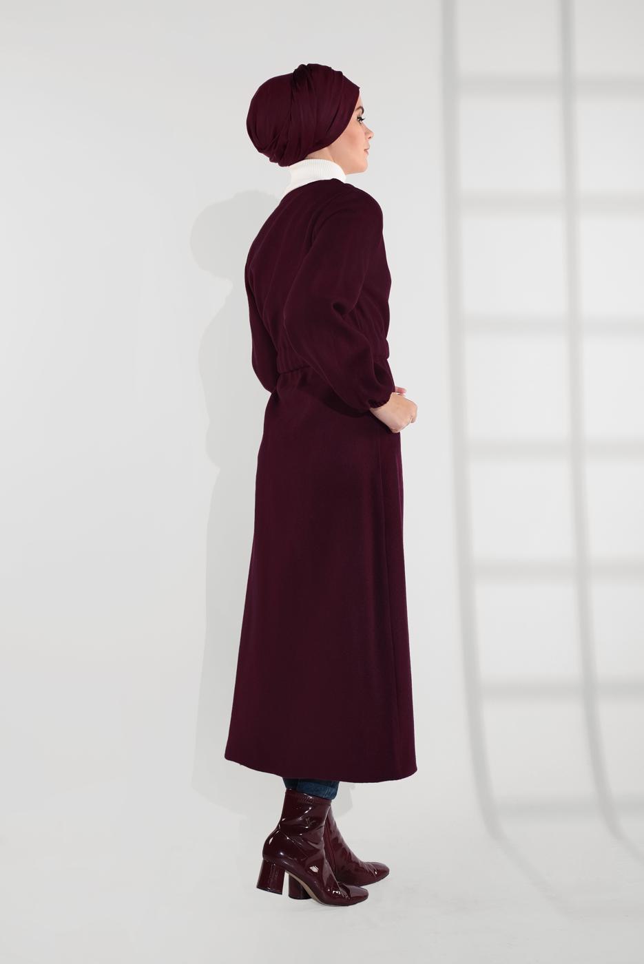 Tesettür giyim BORDO BELDEN BAĞLAMALI MANŞETLERİ LASTİKLİ KAŞE KABAN 9045 