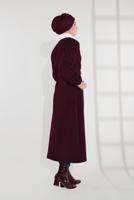 Tesettür giyim BORDO BELDEN BAĞLAMALI MANŞETLERİ LASTİKLİ KAŞE KABAN 9045 