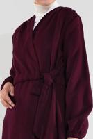 Tesettür giyim BORDO BELDEN BAĞLAMALI MANŞETLERİ LASTİKLİ KAŞE KABAN 9045 