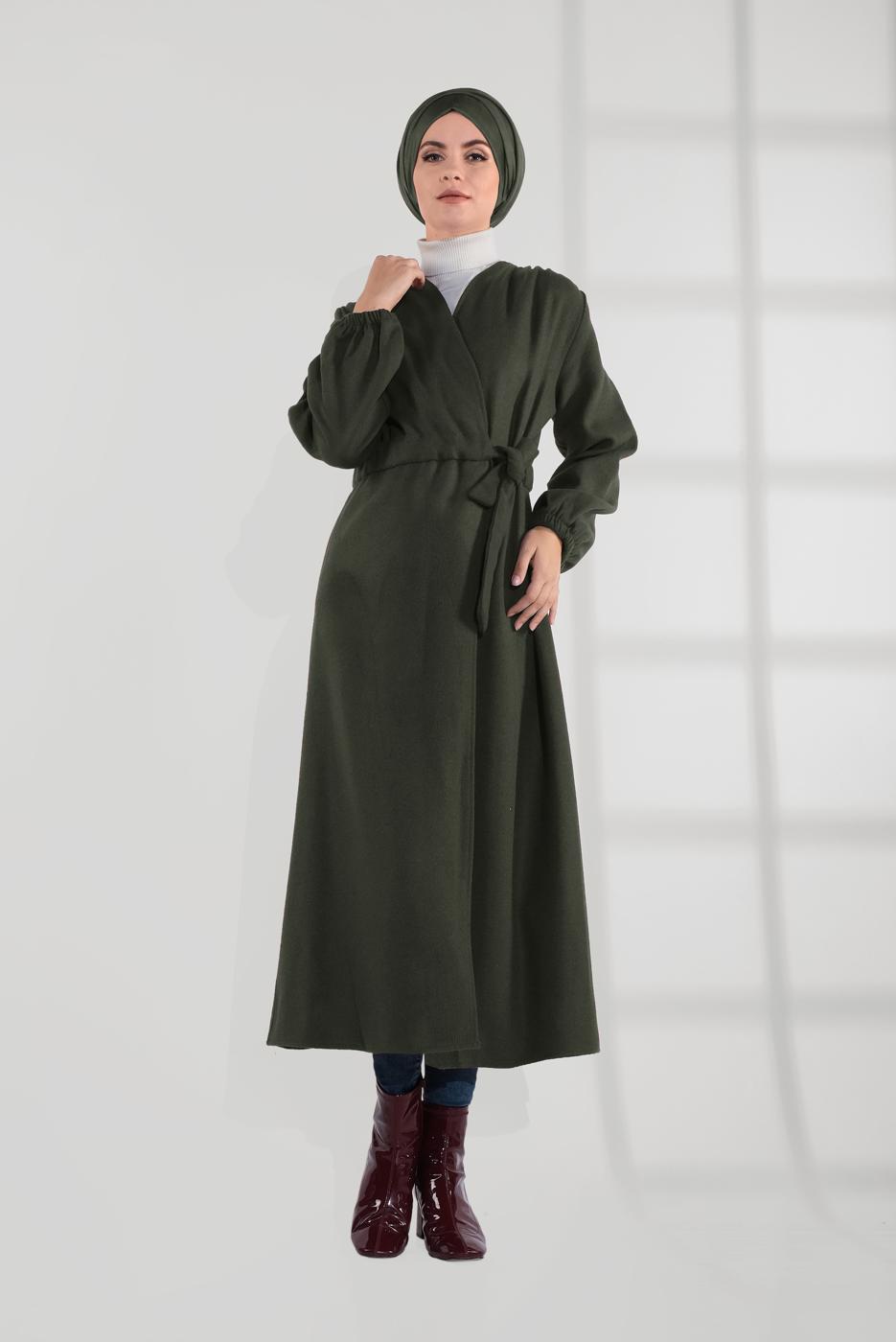 Hijab clothing KHAKI BELTED ELASTIC-WAIST WALKER COAT  9045 