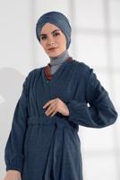 Tesettür giyim MAVİ BELDEN BAĞLAMALI MANŞETLERİ LASTİKLİ KAŞE KABAN 9045 