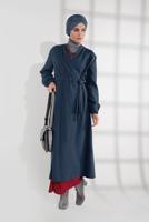 Tesettür giyim MAVİ BELDEN BAĞLAMALI MANŞETLERİ LASTİKLİ KAŞE KABAN 9045 