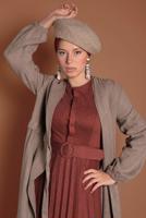 Tesettür giyim VİZON BELDEN BAĞLAMALI MANŞETLERİ LASTİKLİ KAŞE KABAN 9045 