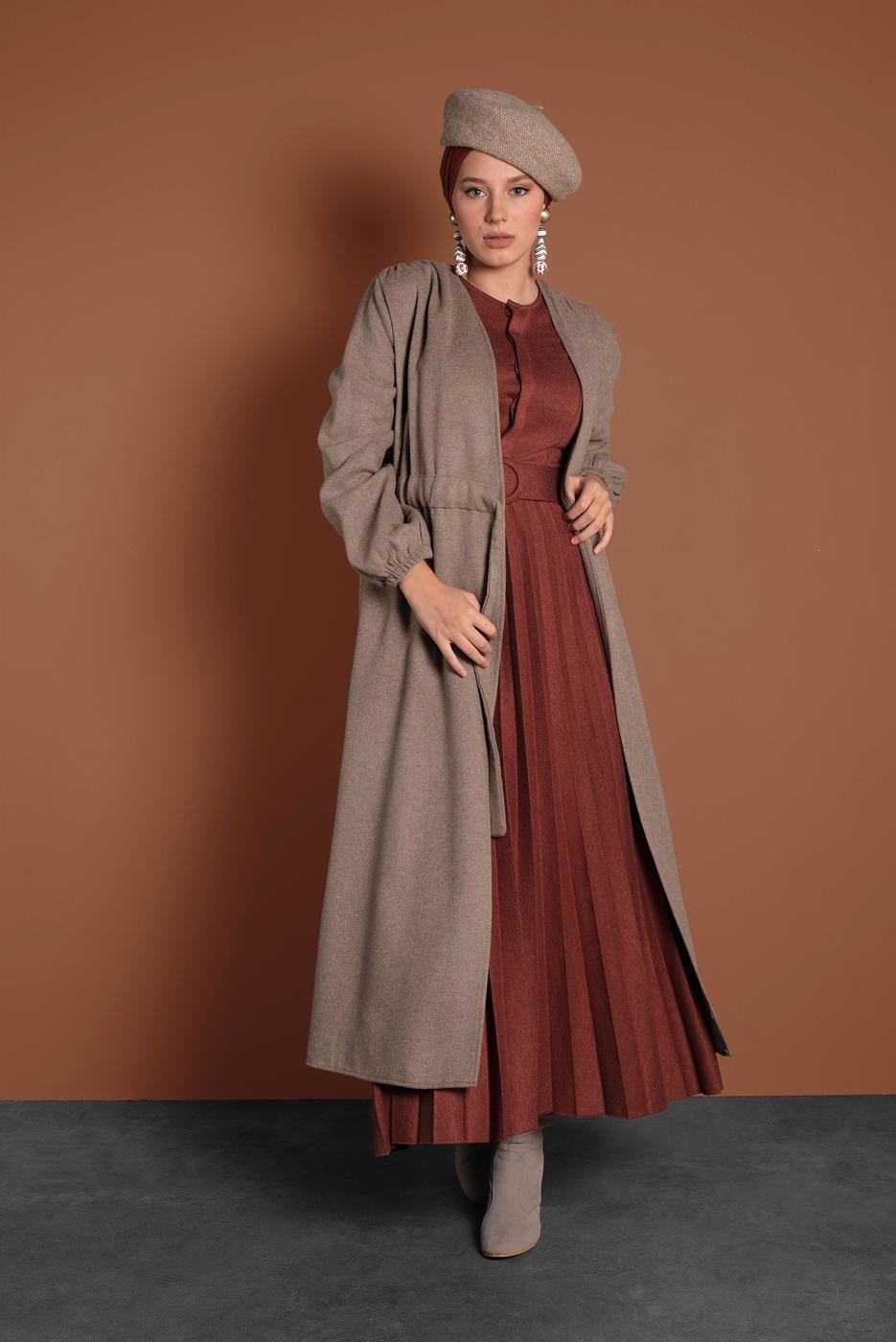 Tesettür giyim VİZON BELDEN BAĞLAMALI MANŞETLERİ LASTİKLİ KAŞE KABAN 9045 