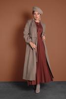 Tesettür giyim VİZON BELDEN BAĞLAMALI MANŞETLERİ LASTİKLİ KAŞE KABAN 9045 