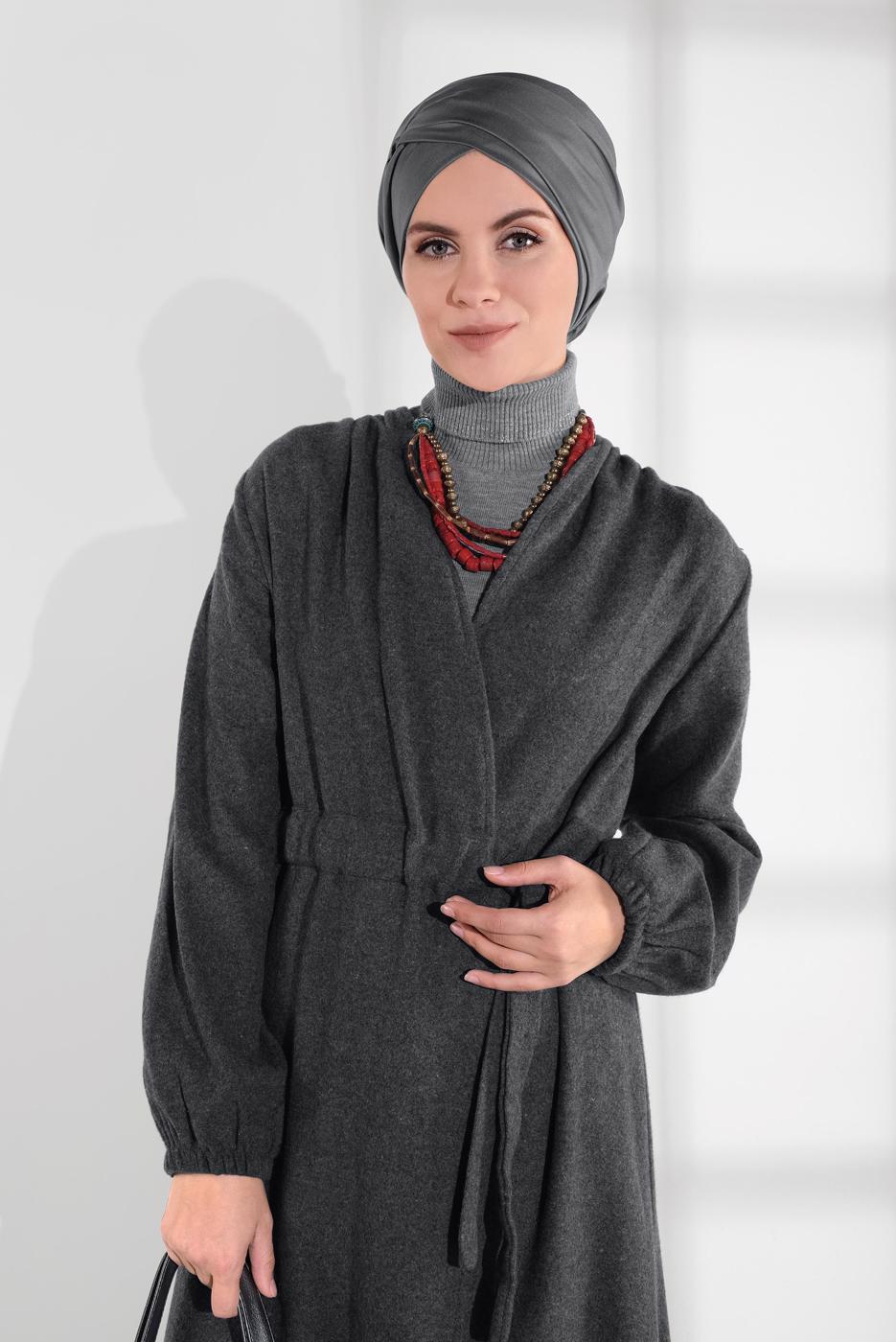 Hijab clothing GREY BELTED ELASTIC-WAIST WALKER COAT  9045 