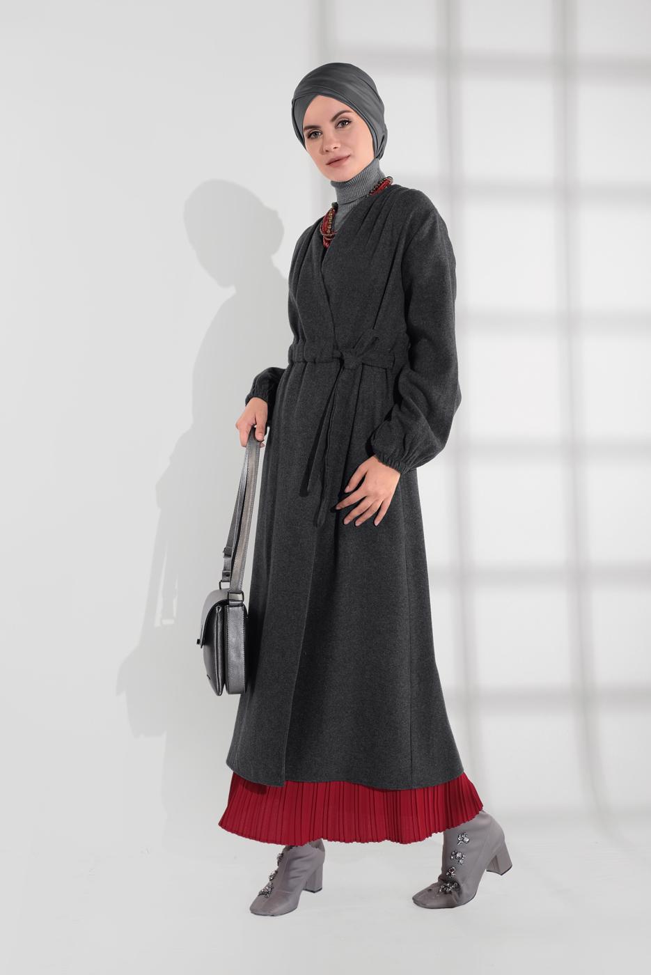 Hijab clothing GREY BELTED ELASTIC-WAIST WALKER COAT  9045 