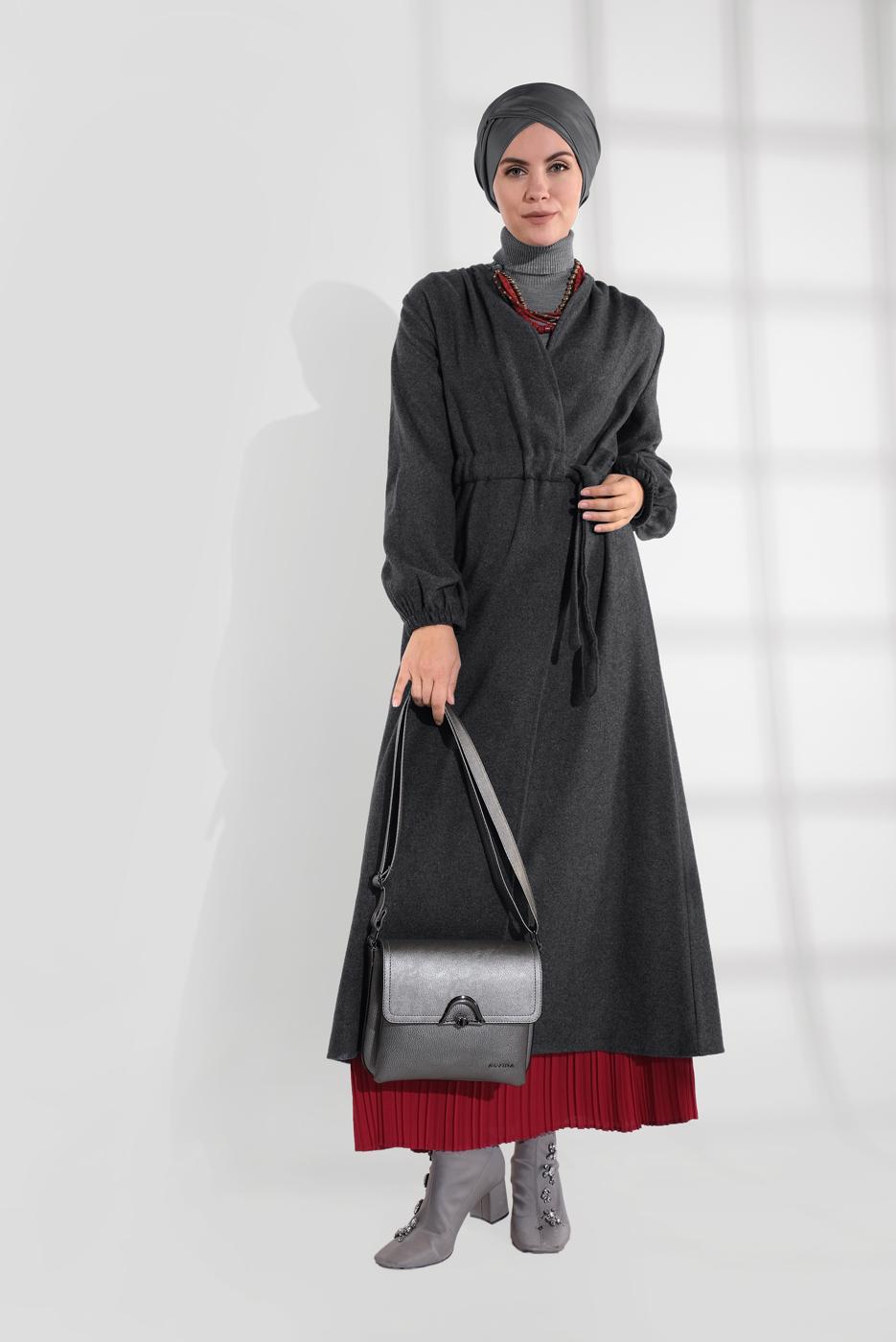 Hijab clothing GREY BELTED ELASTIC-WAIST WALKER COAT  9045 