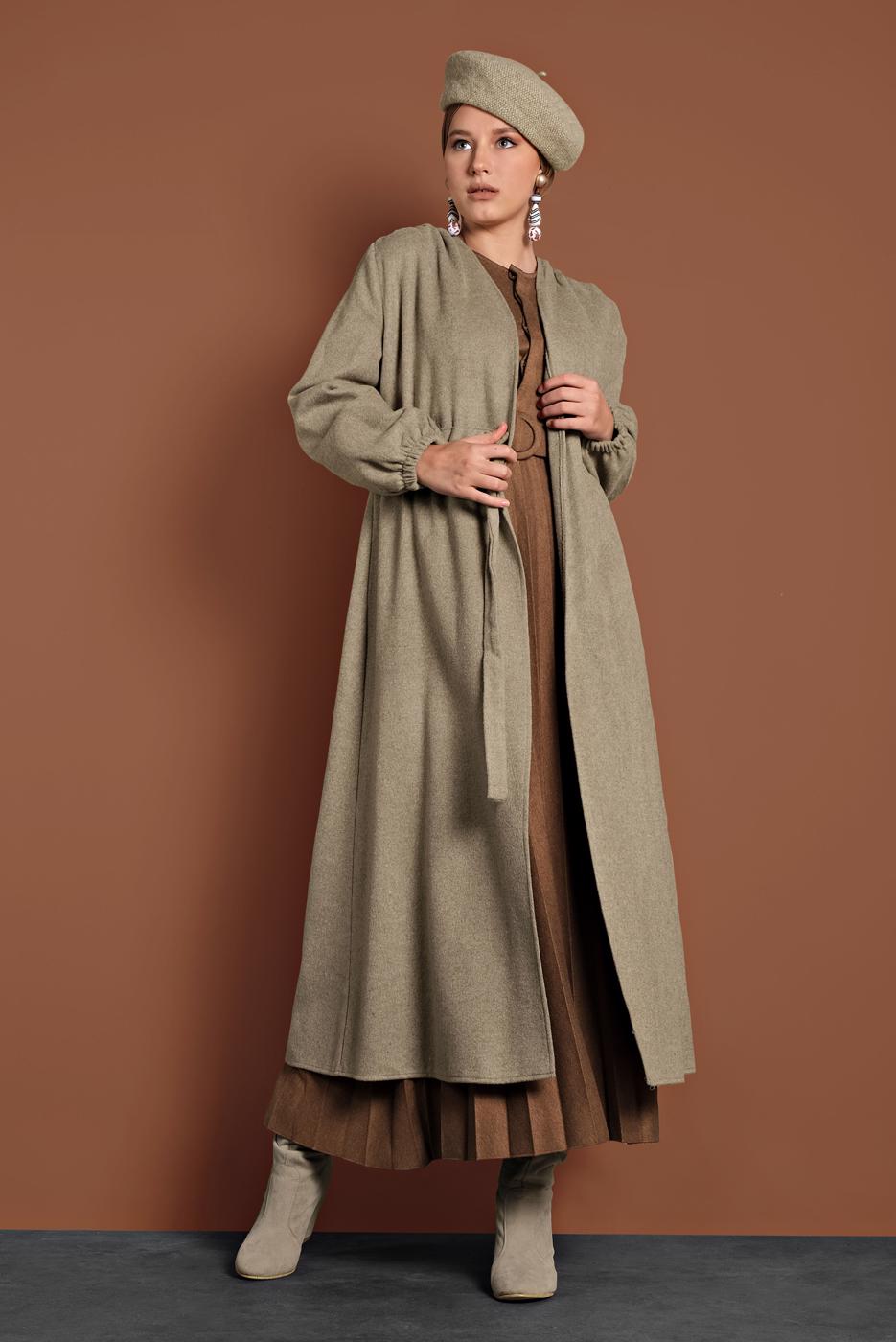 Tesettür giyim VİZON BELDEN BAĞLAMALI MANŞETLERİ LASTİKLİ KAŞE KABAN 9045 