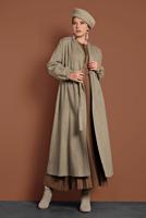 Tesettür giyim VİZON BELDEN BAĞLAMALI MANŞETLERİ LASTİKLİ KAŞE KABAN 9045 