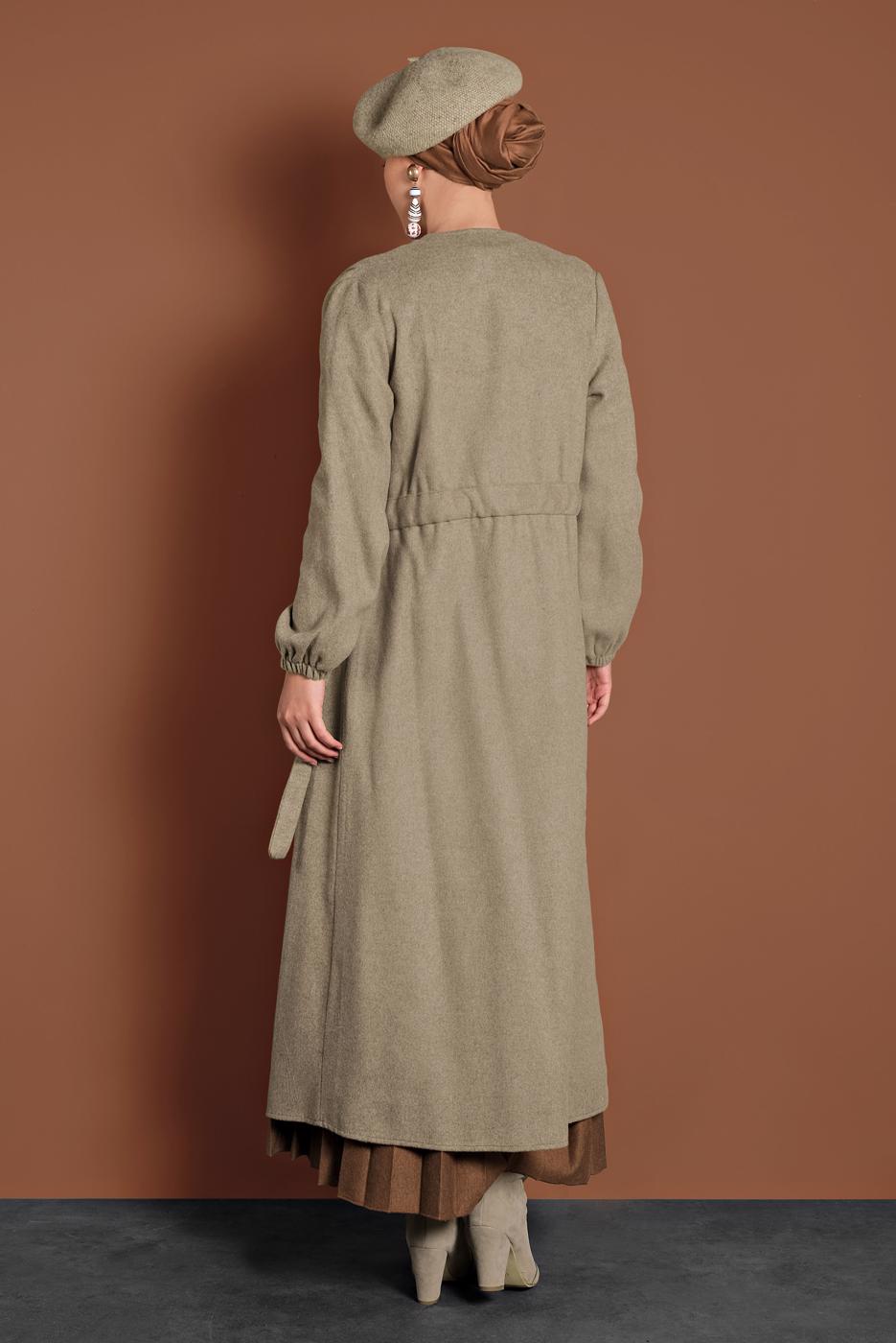 Tesettür giyim VİZON BELDEN BAĞLAMALI MANŞETLERİ LASTİKLİ KAŞE KABAN 9045 