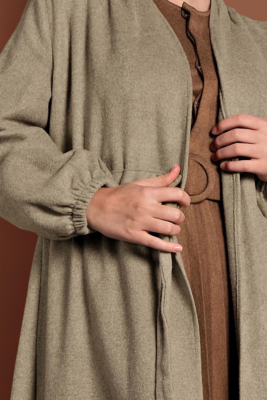 Tesettür giyim VİZON BELDEN BAĞLAMALI MANŞETLERİ LASTİKLİ KAŞE KABAN 9045 