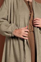 Tesettür giyim VİZON BELDEN BAĞLAMALI MANŞETLERİ LASTİKLİ KAŞE KABAN 9045 