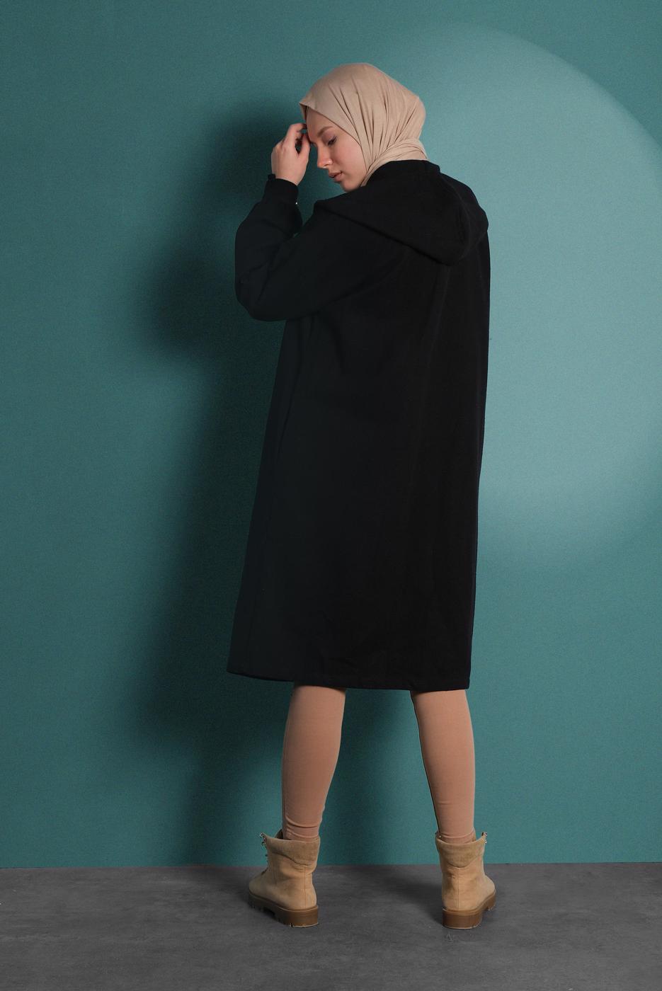 Tesettür giyim SİYAH FERMUARLI KAPÜŞONLU KABAN 9538 