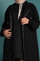 Tesettür giyim SİYAH FERMUARLI KAPÜŞONLU KABAN 9538 