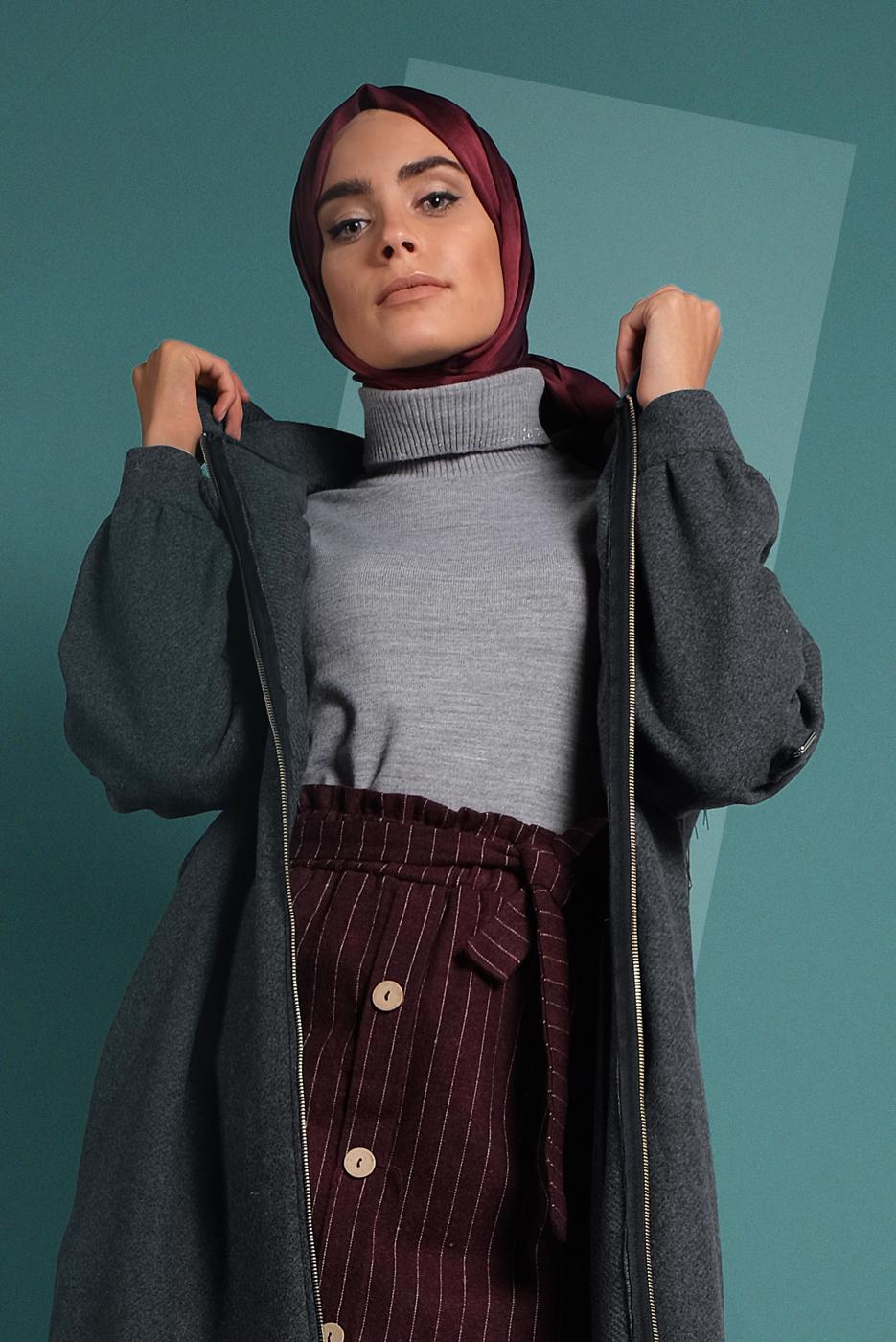 Tesettür giyim GRİ FERMUARLI KAPÜŞONLU KABAN 9538 