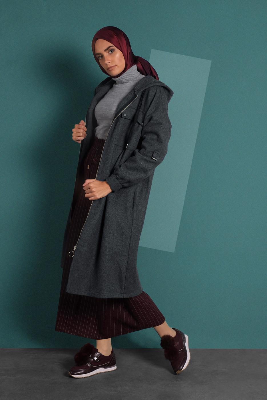 Tesettür giyim GRİ FERMUARLI KAPÜŞONLU KABAN 9538 