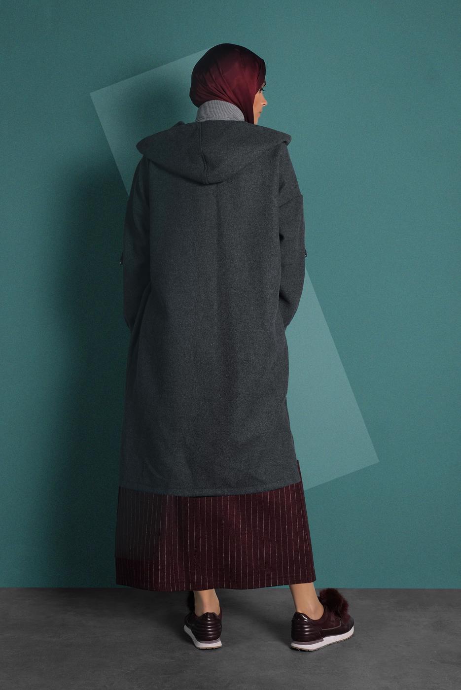 Tesettür giyim GRİ FERMUARLI KAPÜŞONLU KABAN 9538 