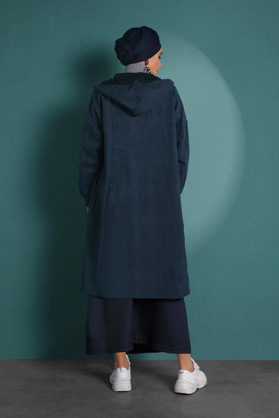 Tesettür giyim LACİVERT FERMUARLI KAPÜŞONLU KABAN 9538 