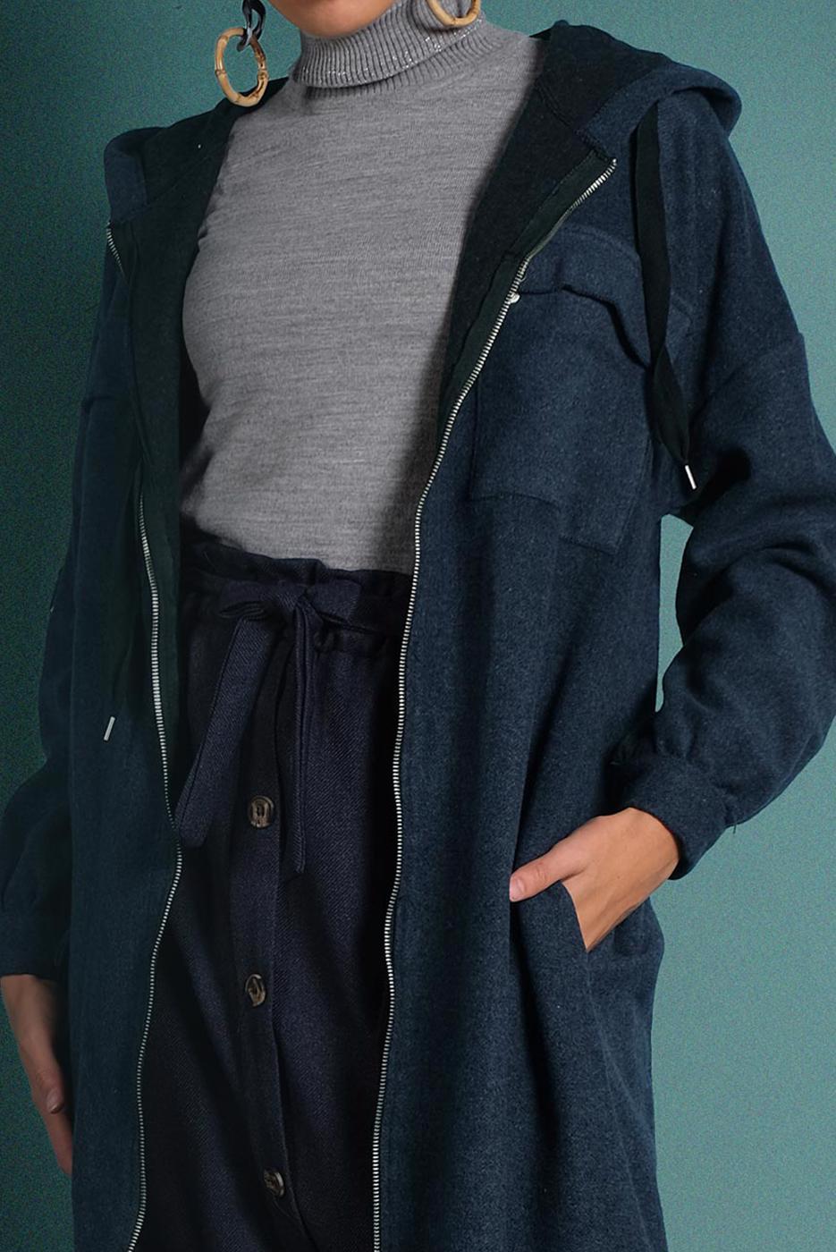 Tesettür giyim LACİVERT FERMUARLI KAPÜŞONLU KABAN 9538 