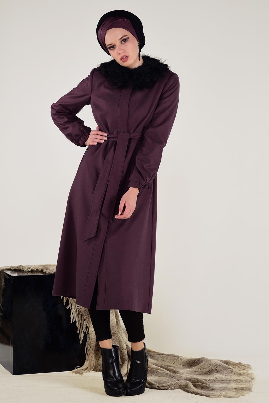 Tesettür giyim BORDO SUNİ KÜRK DETAYLI KABAN 9768 