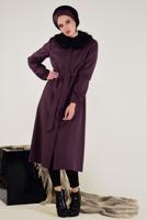 Tesettür giyim BORDO SUNİ KÜRK DETAYLI KABAN 9768 