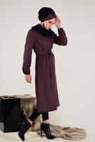 Tesettür giyim BORDO SUNİ KÜRK DETAYLI KABAN 9768 