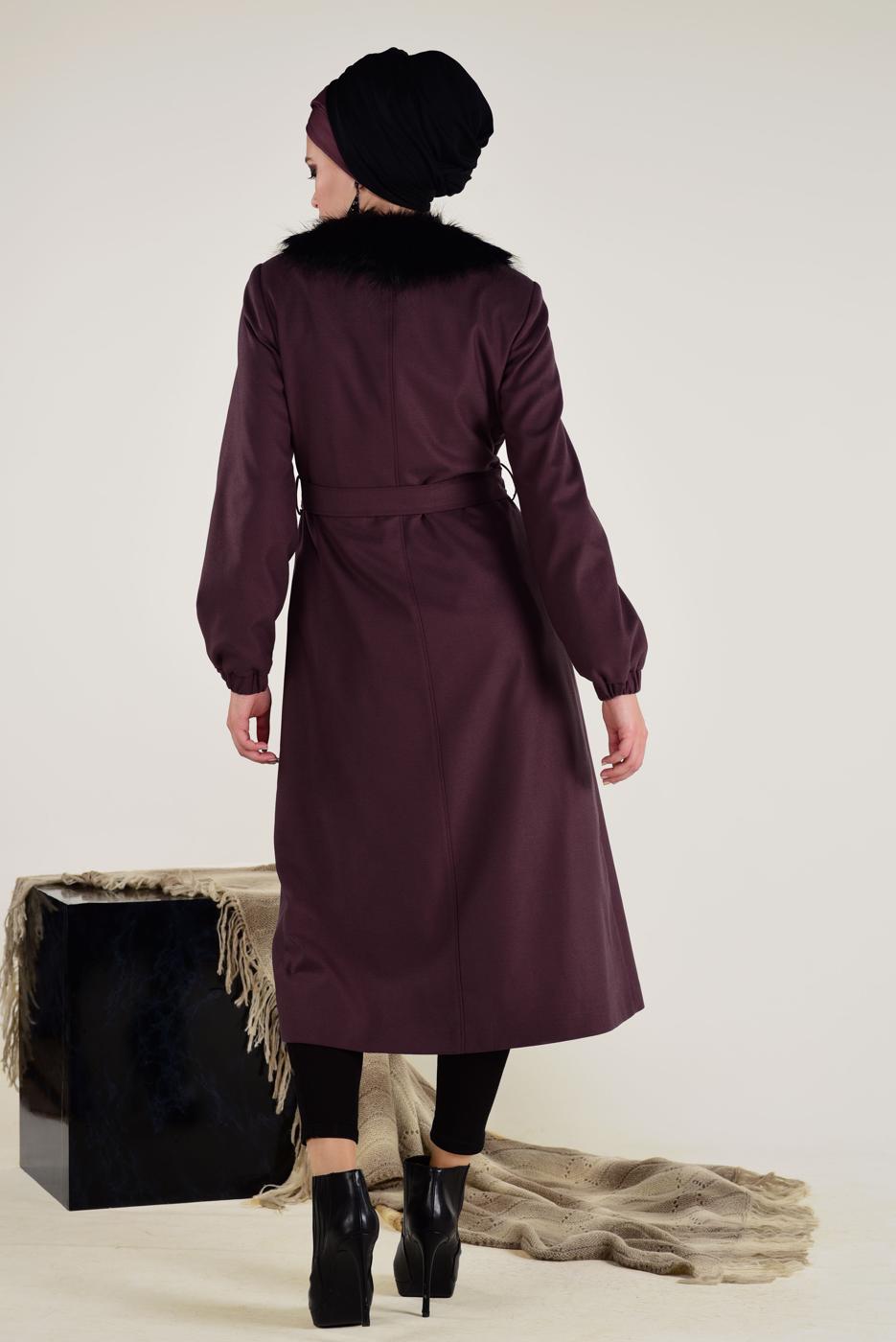 Tesettür giyim BORDO SUNİ KÜRK DETAYLI KABAN 9768 