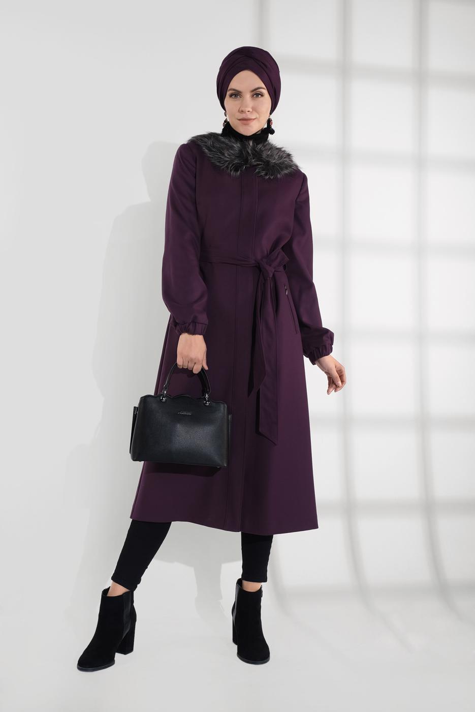 Tesettür giyim MÜRDÜM SUNİ KÜRK DETAYLI KABAN 9768 