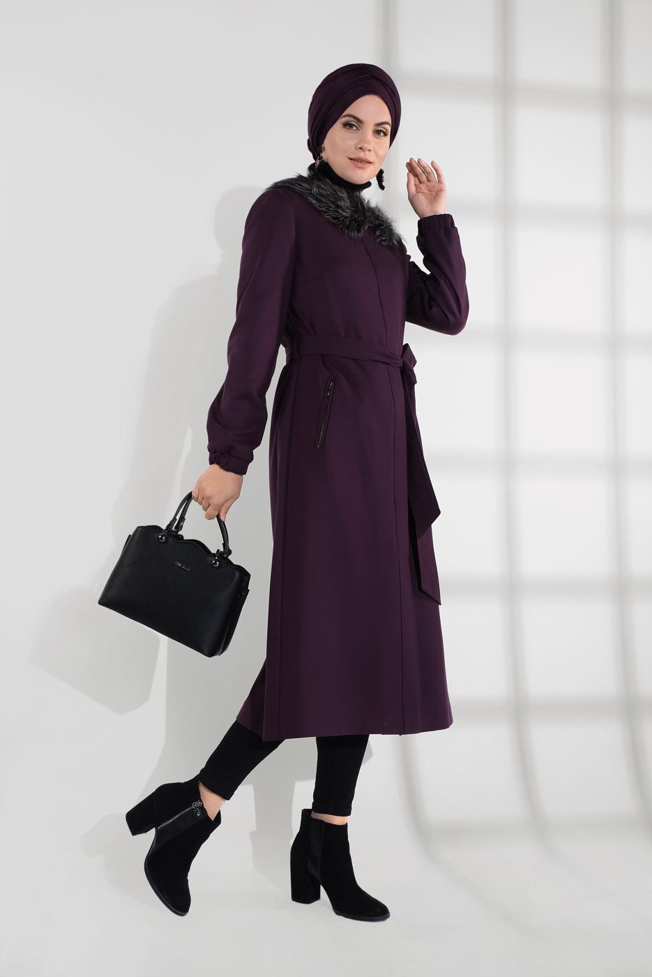 Tesettür giyim MÜRDÜM SUNİ KÜRK DETAYLI KABAN 9768 