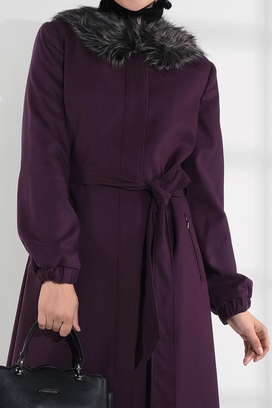 Tesettür giyim MÜRDÜM SUNİ KÜRK DETAYLI KABAN 9768 