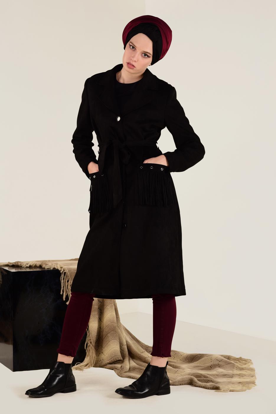 Tesettür giyim SİYAH CEPLERİ PÜSKÜL DETAYLI SÜET KABAN 9776 
