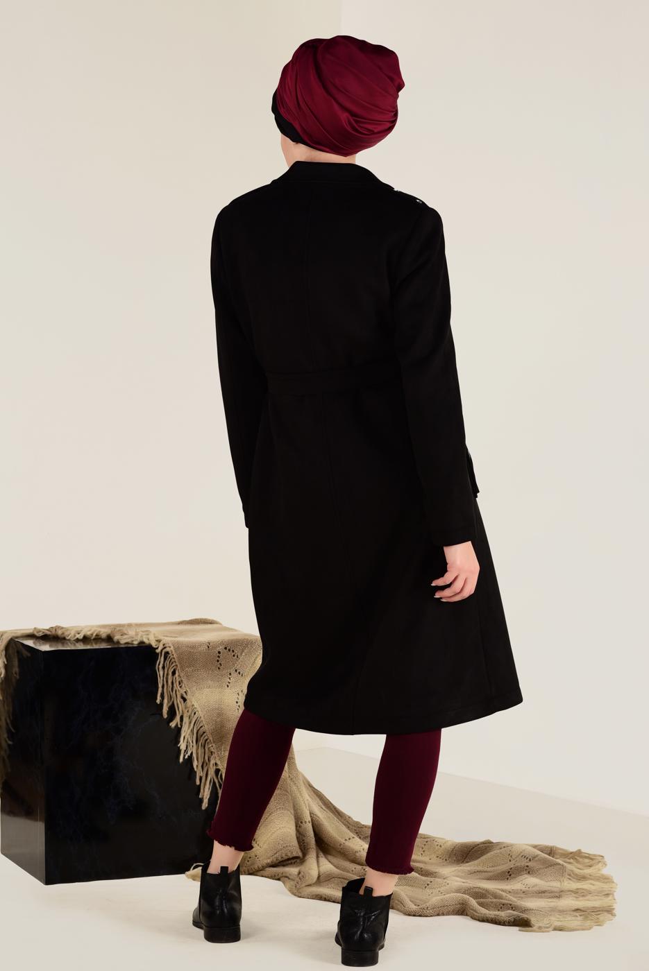 Tesettür giyim SİYAH CEPLERİ PÜSKÜL DETAYLI SÜET KABAN 9776 